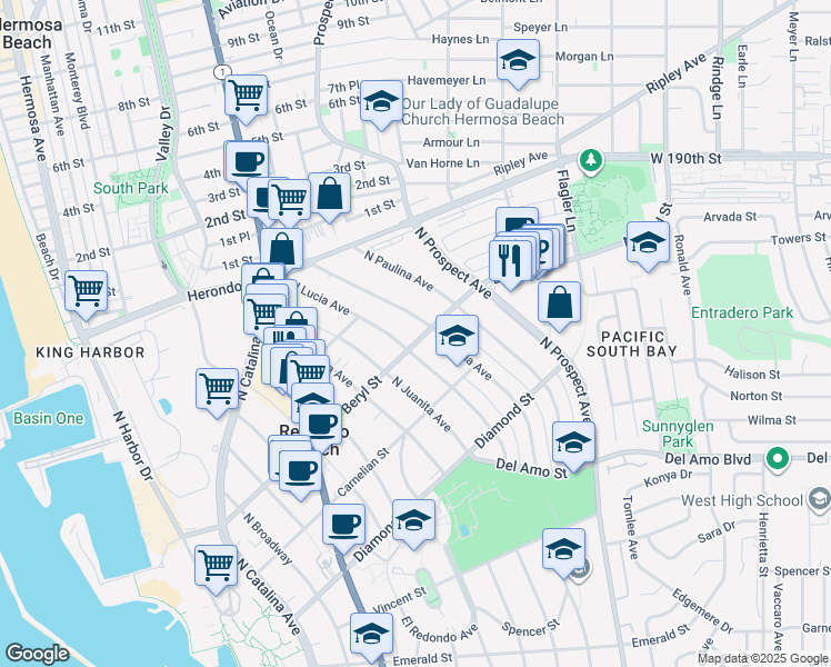 map of restaurants, bars, coffee shops, grocery stores, and more near 629 North Lucia Avenue in Redondo Beach