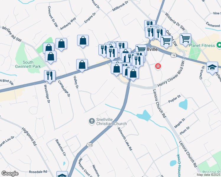 map of restaurants, bars, coffee shops, grocery stores, and more near 2729 Lanier Drive in Snellville