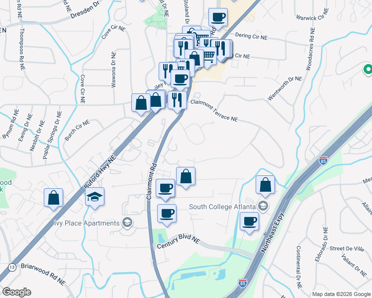 map of restaurants, bars, coffee shops, grocery stores, and more near 2306 Tanglewood Circle Northeast in Atlanta