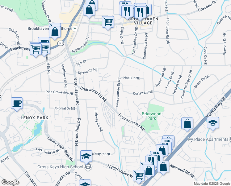 map of restaurants, bars, coffee shops, grocery stores, and more near 2313 Briarwood Hills Drive Northeast in Atlanta