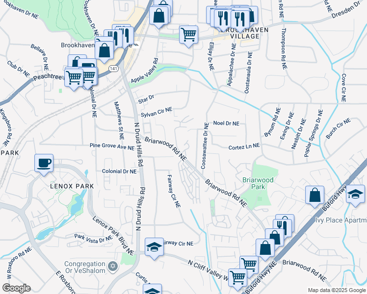 map of restaurants, bars, coffee shops, grocery stores, and more near 2298 Briarwood Hills Drive Northeast in Atlanta