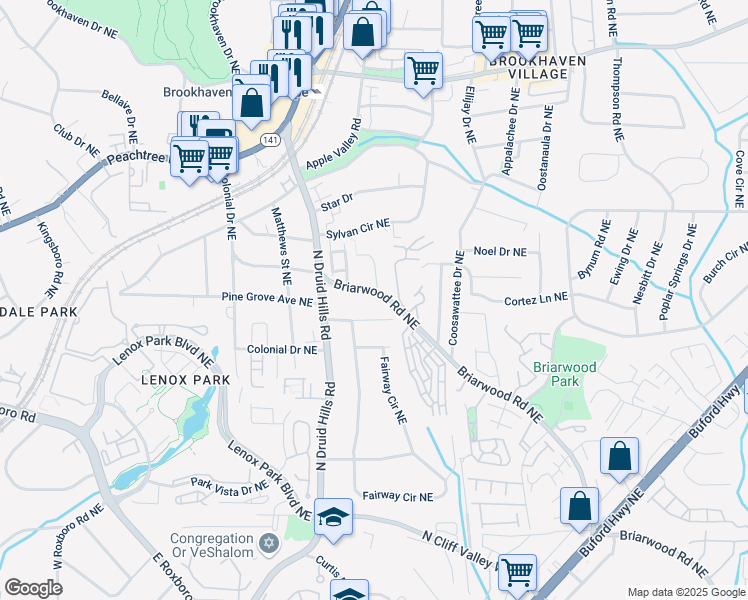 map of restaurants, bars, coffee shops, grocery stores, and more near 1291 Briarwood Road Northeast in Atlanta