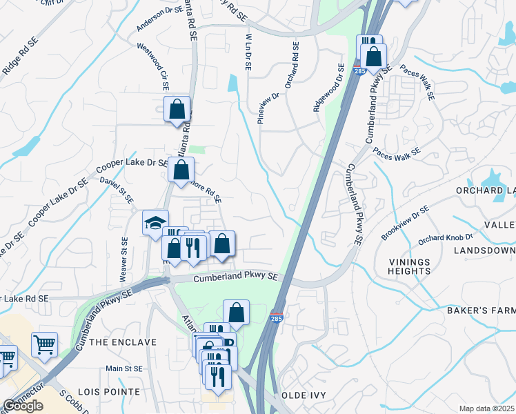 map of restaurants, bars, coffee shops, grocery stores, and more near 4095 Oberon Court Southeast in Smyrna