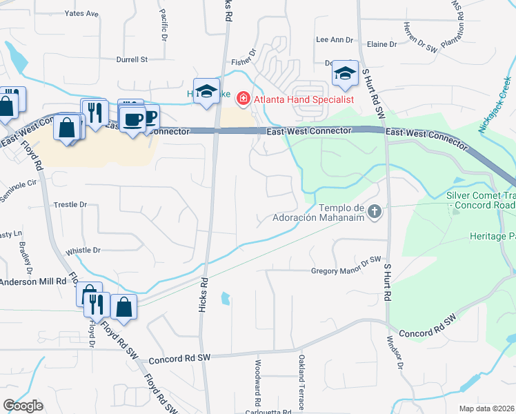 map of restaurants, bars, coffee shops, grocery stores, and more near 4225 Barnes Meadow Road Southwest in Smyrna