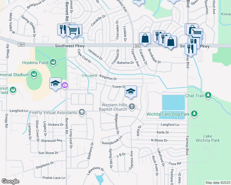 map of restaurants, bars, coffee shops, grocery stores, and more near 4813 Lovers Lane in Wichita Falls