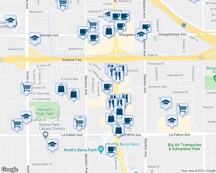 map of restaurants, bars, coffee shops, grocery stores, and more near 7621 Beach Boulevard in Buena Park