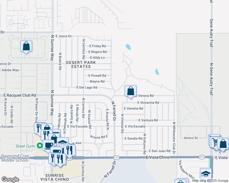 map of restaurants, bars, coffee shops, grocery stores, and more near North Farrell Drive & Whitewater Club Drive in Palm Springs