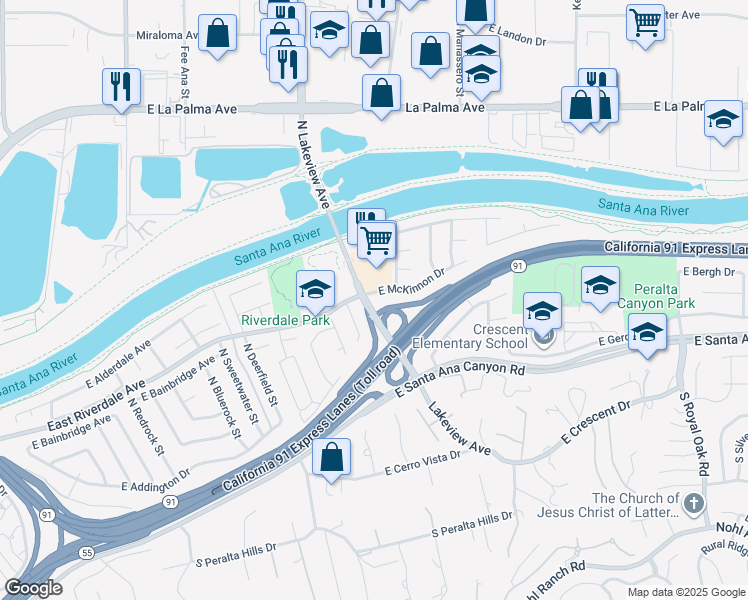 map of restaurants, bars, coffee shops, grocery stores, and more near 4700 East McKinnon Drive in Anaheim
