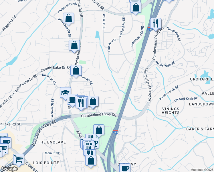 map of restaurants, bars, coffee shops, grocery stores, and more near 4095 Oberon Court Southeast in Smyrna