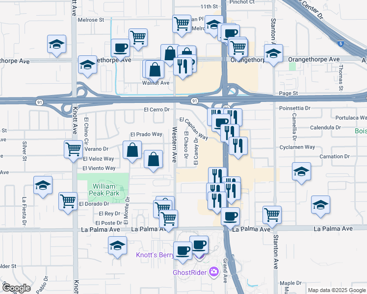 map of restaurants, bars, coffee shops, grocery stores, and more near 7611 El Chaco Drive in Buena Park
