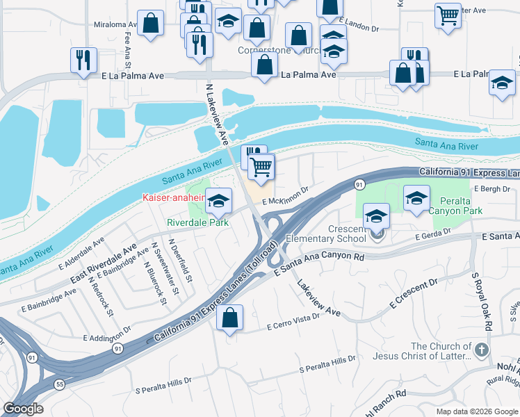 map of restaurants, bars, coffee shops, grocery stores, and more near 370 North Lakedale Drive in Anaheim
