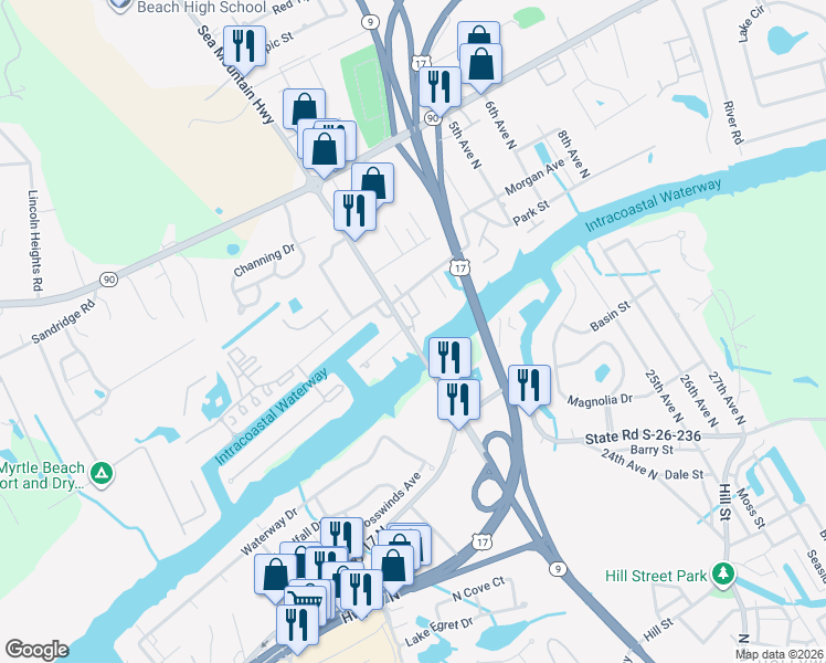 map of restaurants, bars, coffee shops, grocery stores, and more near 4425 Sea Mountain Highway in Little River