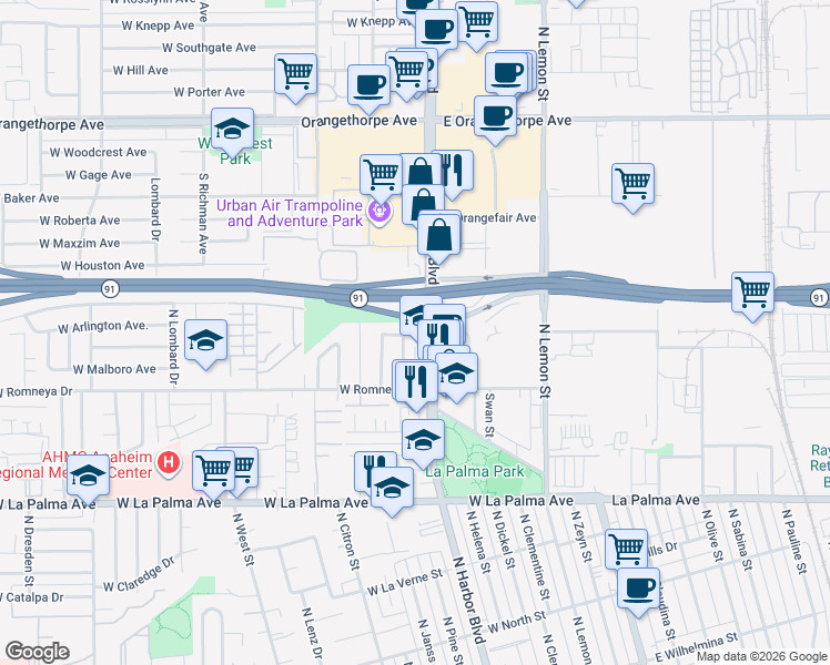 map of restaurants, bars, coffee shops, grocery stores, and more near 1251 North Harbor Boulevard in Anaheim