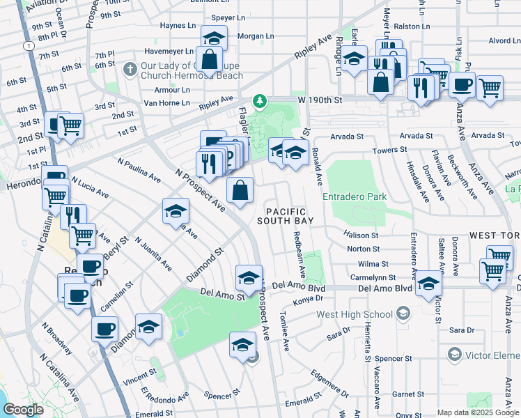 map of restaurants, bars, coffee shops, grocery stores, and more near 19702 Tomlee Avenue in Torrance