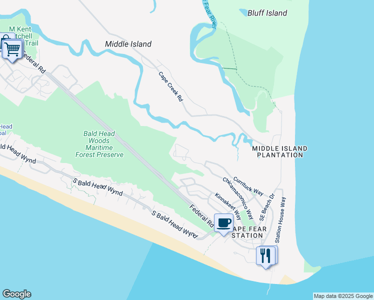 map of restaurants, bars, coffee shops, grocery stores, and more near 541 Chicamacomico Way in Bald Head Island