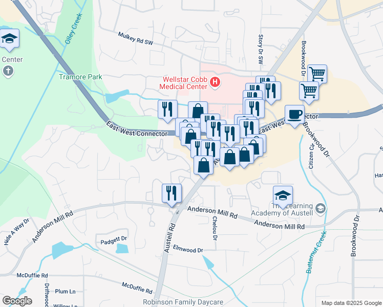 map of restaurants, bars, coffee shops, grocery stores, and more near 1825 East-West Connector in Austell