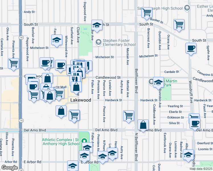 map of restaurants, bars, coffee shops, grocery stores, and more near 5142 Pearce Avenue in Lakewood
