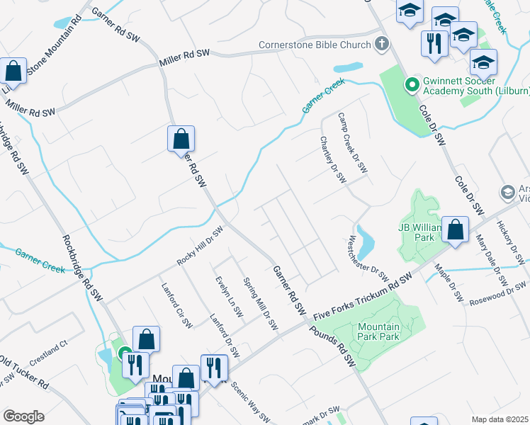 map of restaurants, bars, coffee shops, grocery stores, and more near 1025 Morgan Garner Drive in Lilburn