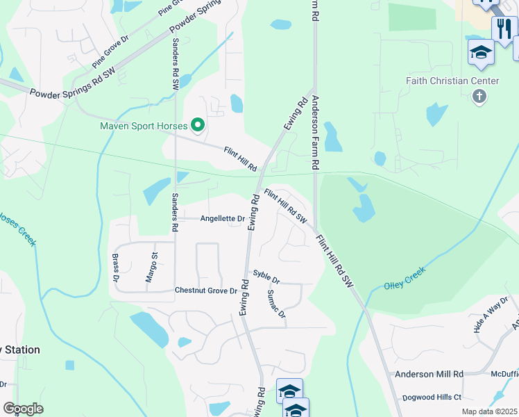 map of restaurants, bars, coffee shops, grocery stores, and more near 4143 Ewing Road in Austell