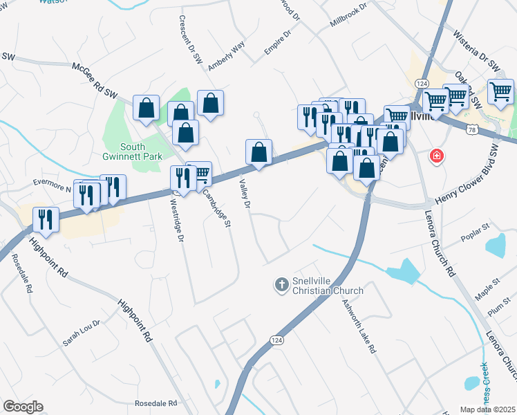 map of restaurants, bars, coffee shops, grocery stores, and more near 2828 Twin Springs Drive in Snellville