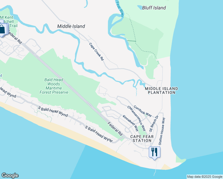 map of restaurants, bars, coffee shops, grocery stores, and more near 541 Chicamacomico Way in Bald Head Island