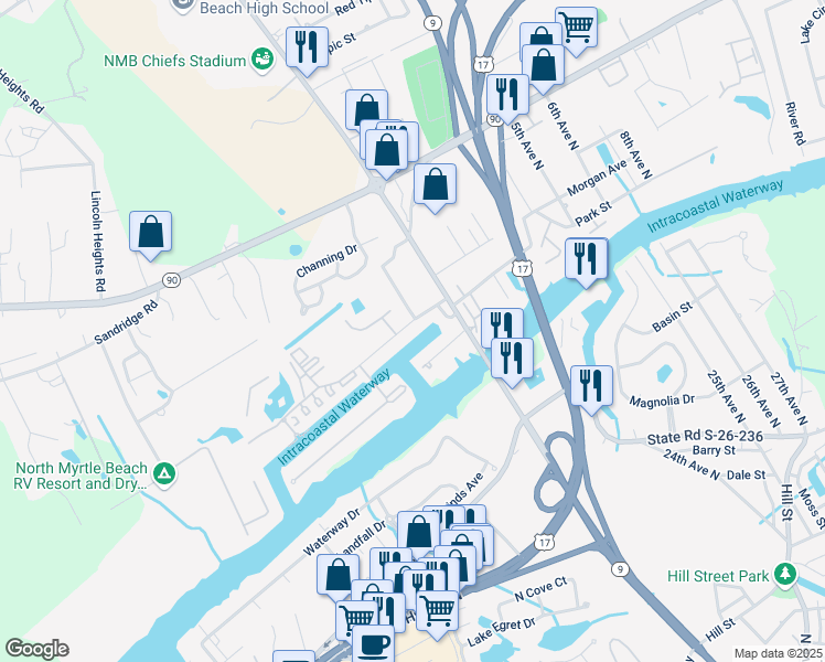 map of restaurants, bars, coffee shops, grocery stores, and more near 132 Waterway Crossing Court in Little River