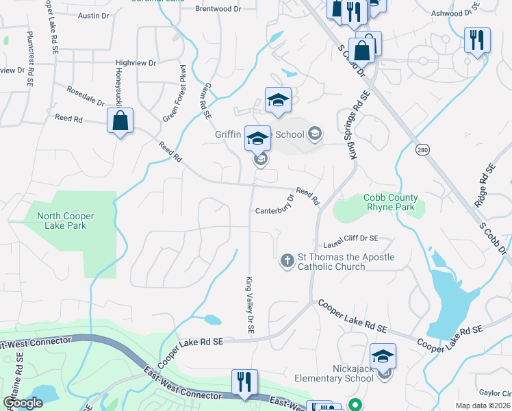 map of restaurants, bars, coffee shops, grocery stores, and more near 4199 King Valley Drive Southeast in Smyrna