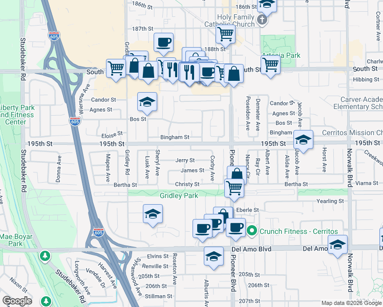 map of restaurants, bars, coffee shops, grocery stores, and more near 11630 Gonsalves Street in Cerritos