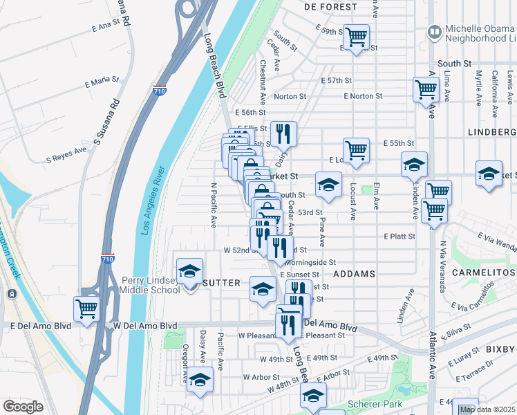 map of restaurants, bars, coffee shops, grocery stores, and more near 5282 Long Beach Boulevard in Long Beach