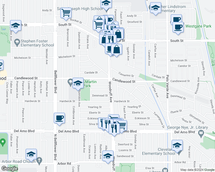 map of restaurants, bars, coffee shops, grocery stores, and more near 5872 Daneland Street in Lakewood