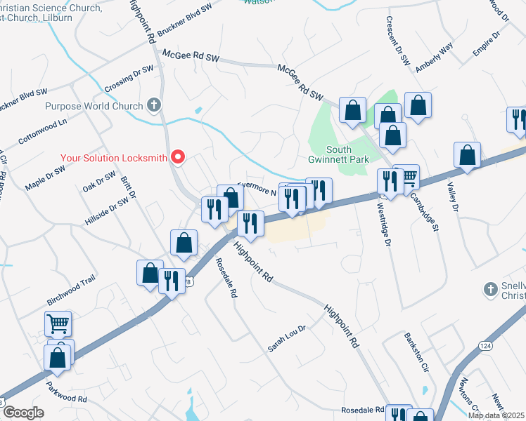 map of restaurants, bars, coffee shops, grocery stores, and more near 2237 Foley Park Street in Snellville