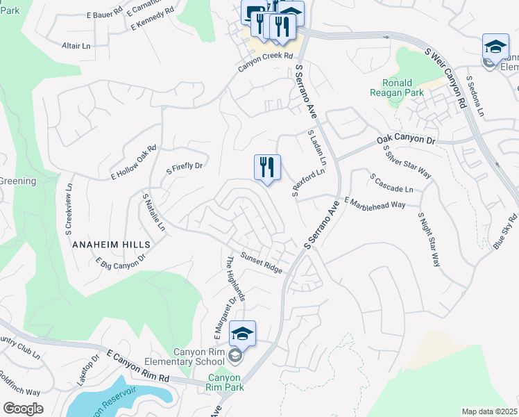 map of restaurants, bars, coffee shops, grocery stores, and more near 7911 East Horizon View Drive in Anaheim