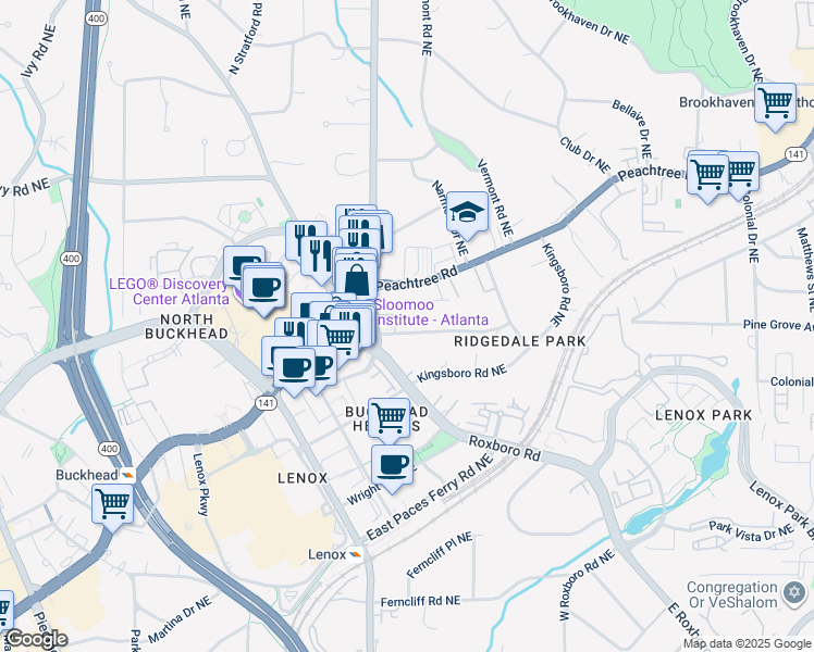 map of restaurants, bars, coffee shops, grocery stores, and more near 3549 Roxboro Road in Atlanta