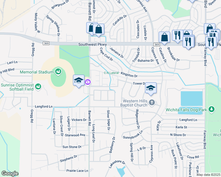 map of restaurants, bars, coffee shops, grocery stores, and more near 4802 Windsong Drive in Wichita Falls