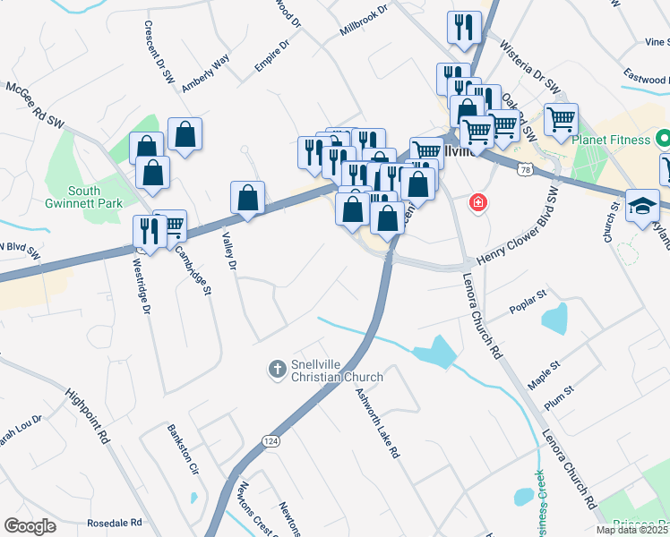 map of restaurants, bars, coffee shops, grocery stores, and more near 2729 Lanier Drive in Snellville