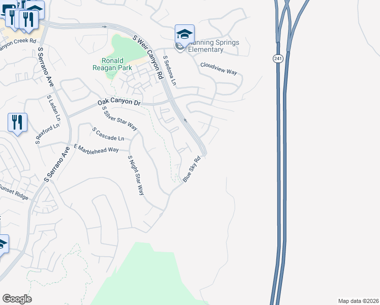 map of restaurants, bars, coffee shops, grocery stores, and more near 1334 South Country Glen Way in Anaheim