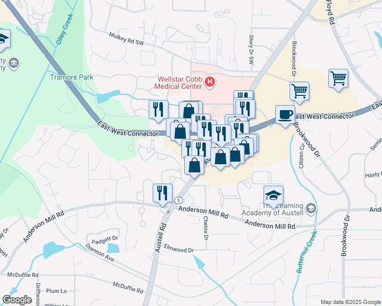 map of restaurants, bars, coffee shops, grocery stores, and more near 1825 East-West Connector in Austell