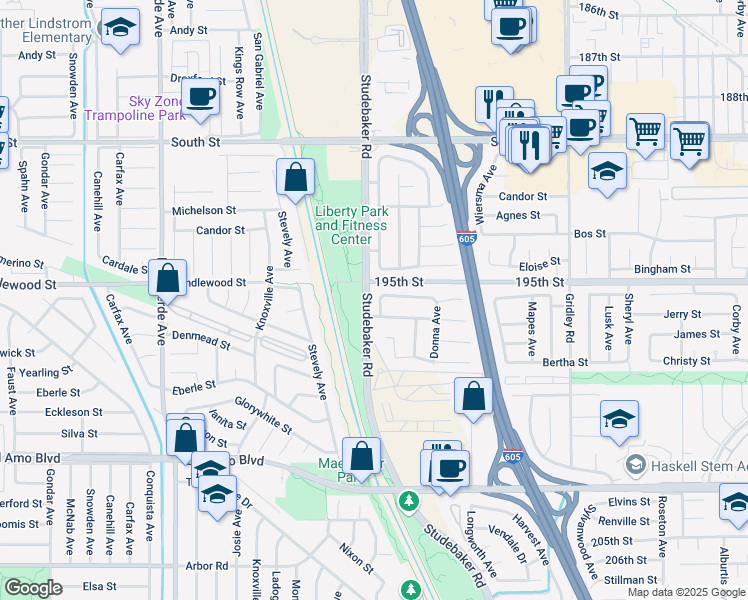 map of restaurants, bars, coffee shops, grocery stores, and more near 11004 Jerry Place in Cerritos