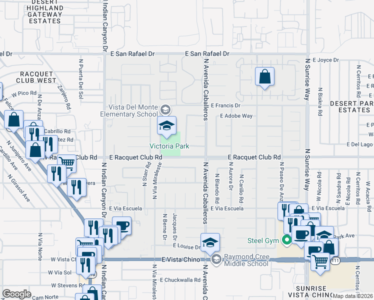 map of restaurants, bars, coffee shops, grocery stores, and more near 841 East Racquet Club Road in Palm Springs
