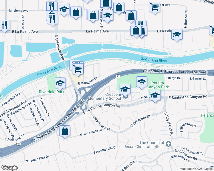 map of restaurants, bars, coffee shops, grocery stores, and more near 4903 East Wasatch Drive in Anaheim