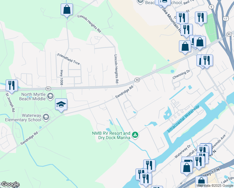 map of restaurants, bars, coffee shops, grocery stores, and more near 416 Sandridge Road in Little River