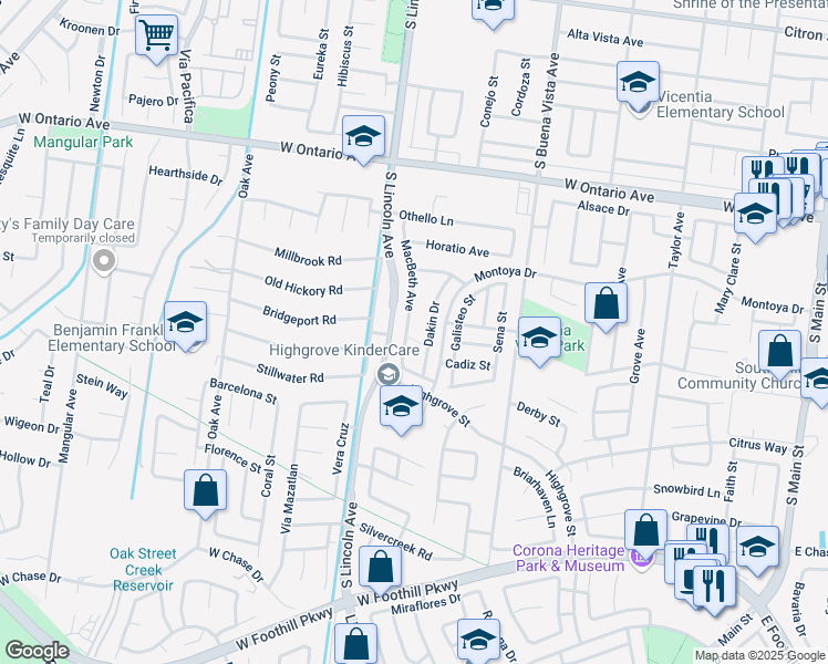 map of restaurants, bars, coffee shops, grocery stores, and more near 2587 Macbeth Avenue in Corona