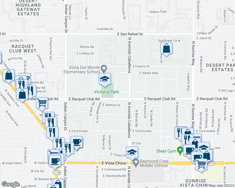 map of restaurants, bars, coffee shops, grocery stores, and more near 805 East Garden Road in Palm Springs