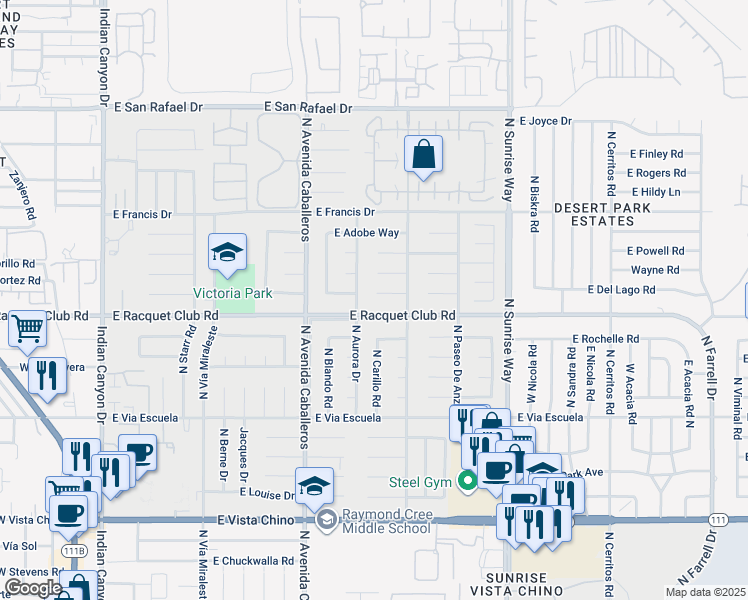 map of restaurants, bars, coffee shops, grocery stores, and more near 1341 East Padua Way in Palm Springs