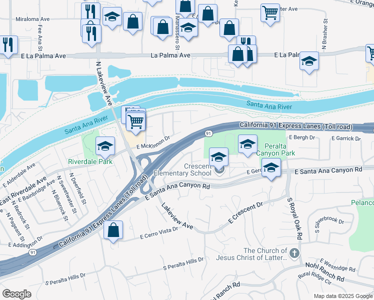 map of restaurants, bars, coffee shops, grocery stores, and more near 4903 East Wasatch Drive in Anaheim