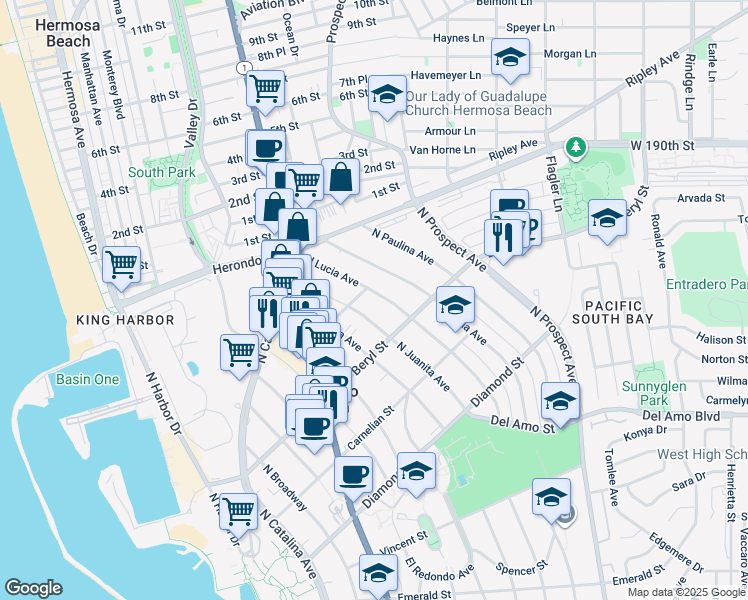 map of restaurants, bars, coffee shops, grocery stores, and more near 723 North Lucia Avenue in Redondo Beach