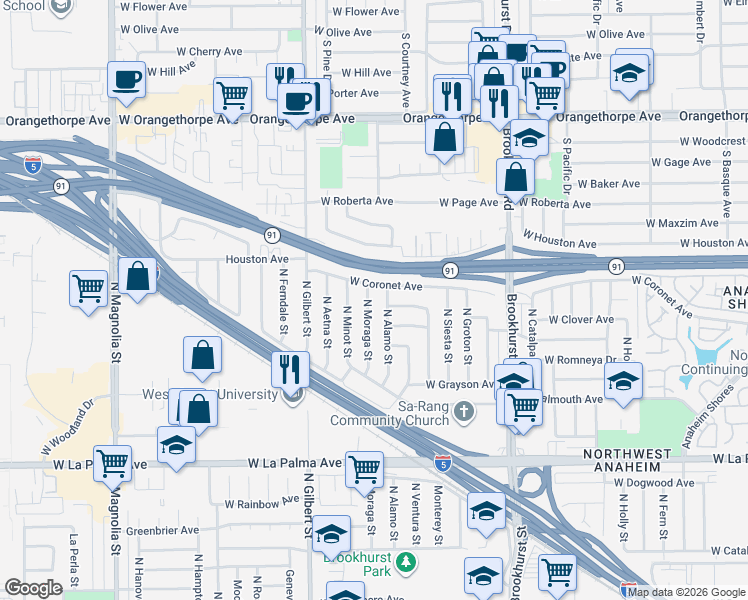 map of restaurants, bars, coffee shops, grocery stores, and more near 1328 North Moraga Street in Anaheim