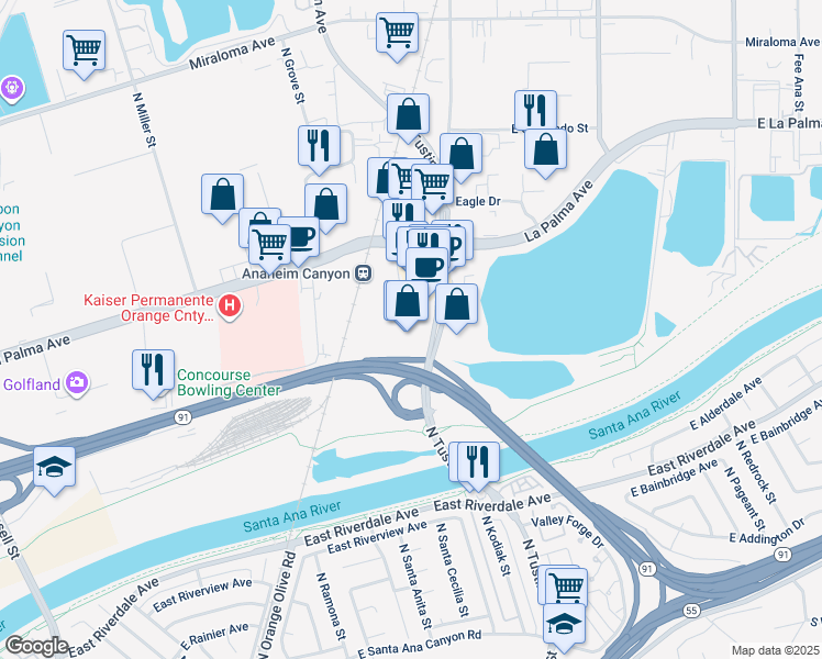 map of restaurants, bars, coffee shops, grocery stores, and more near 1021 North Tustin Avenue in Anaheim