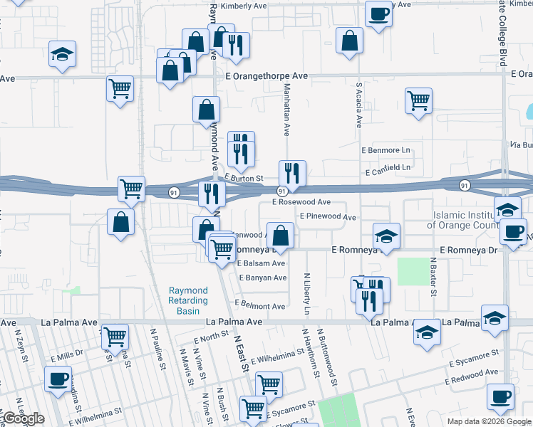 map of restaurants, bars, coffee shops, grocery stores, and more near 1321 East Kenwood Avenue in Anaheim