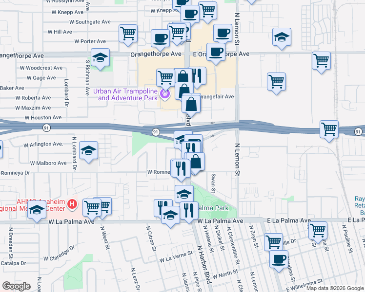 map of restaurants, bars, coffee shops, grocery stores, and more near 1224 North Harbor Boulevard in Anaheim